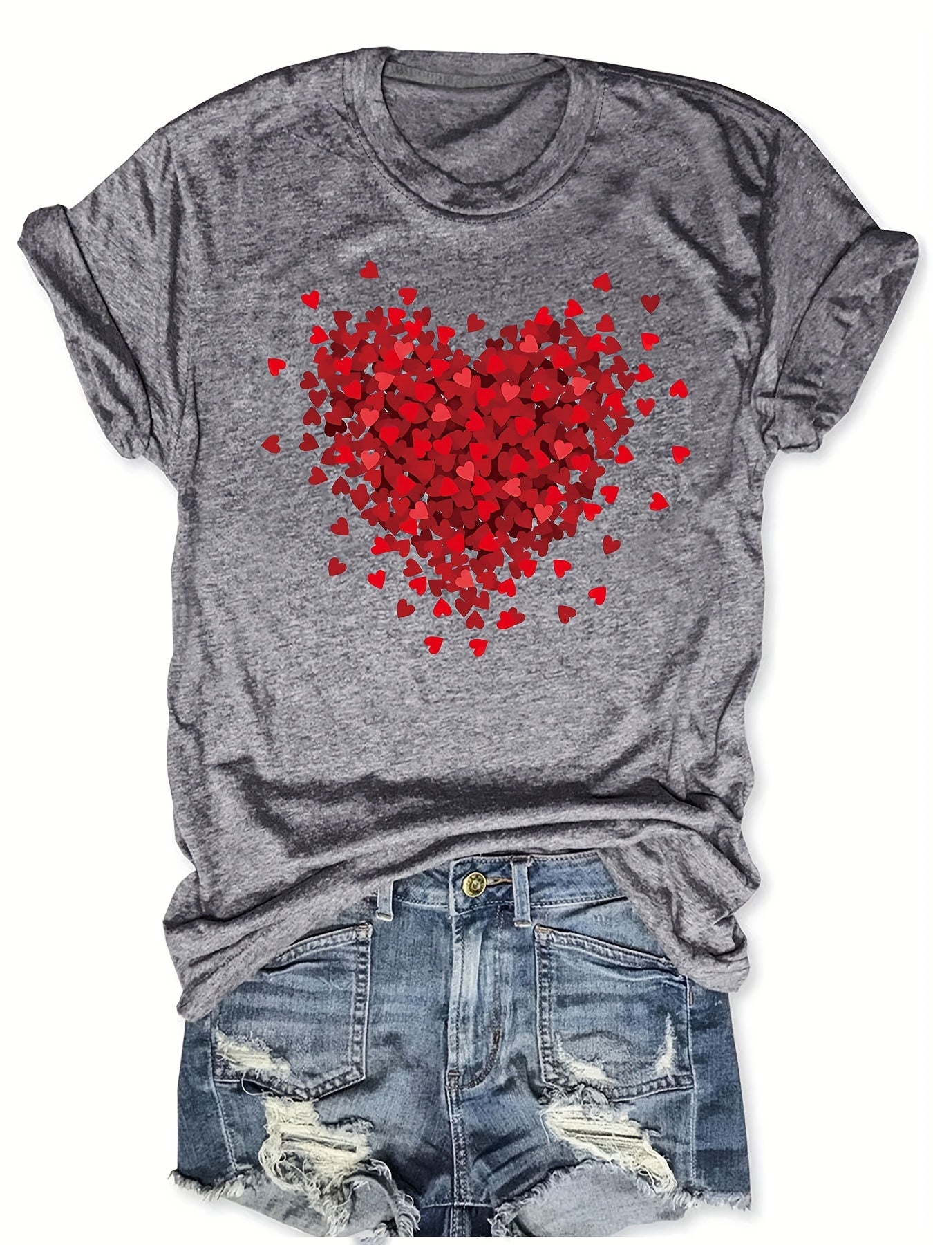 Valentine's Day Heart Print T-Shirt, Casual Crew Neck Short Sleeve Top