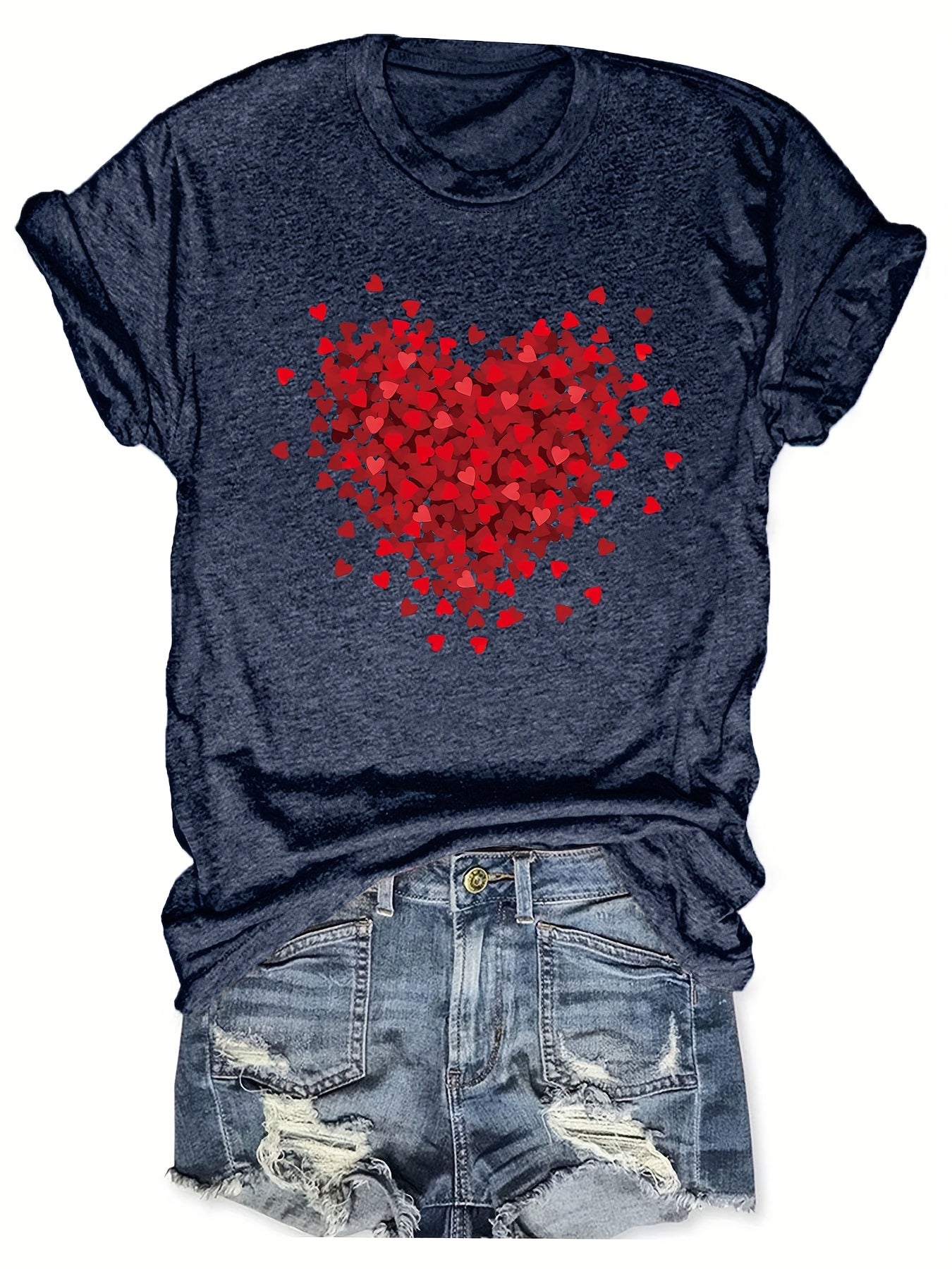 Valentine's Day Heart Print T-Shirt, Casual Crew Neck Short Sleeve Top