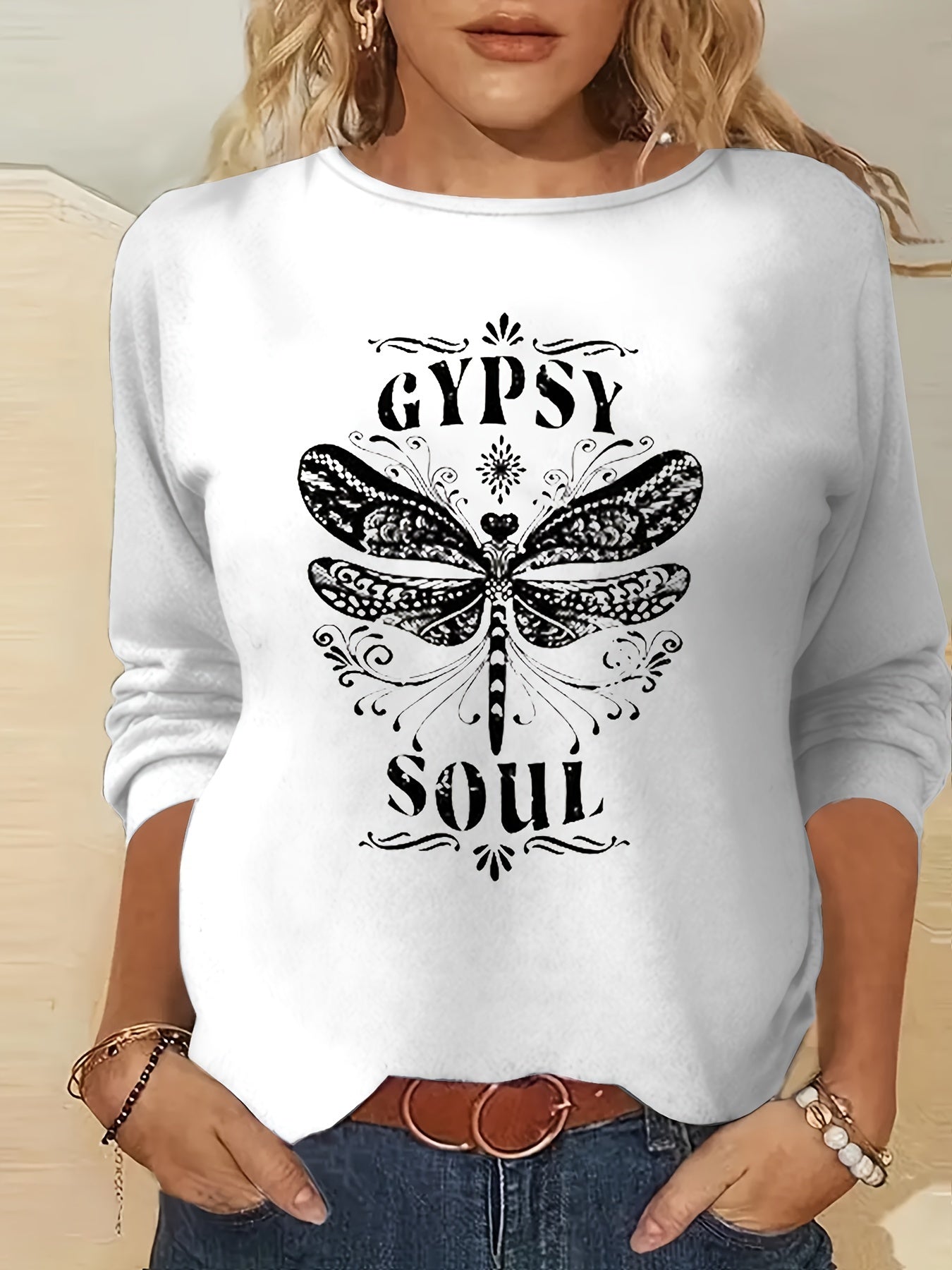Gypsy Soul Print Long Sleeve T-Shirt, Crew Neck Casual Top