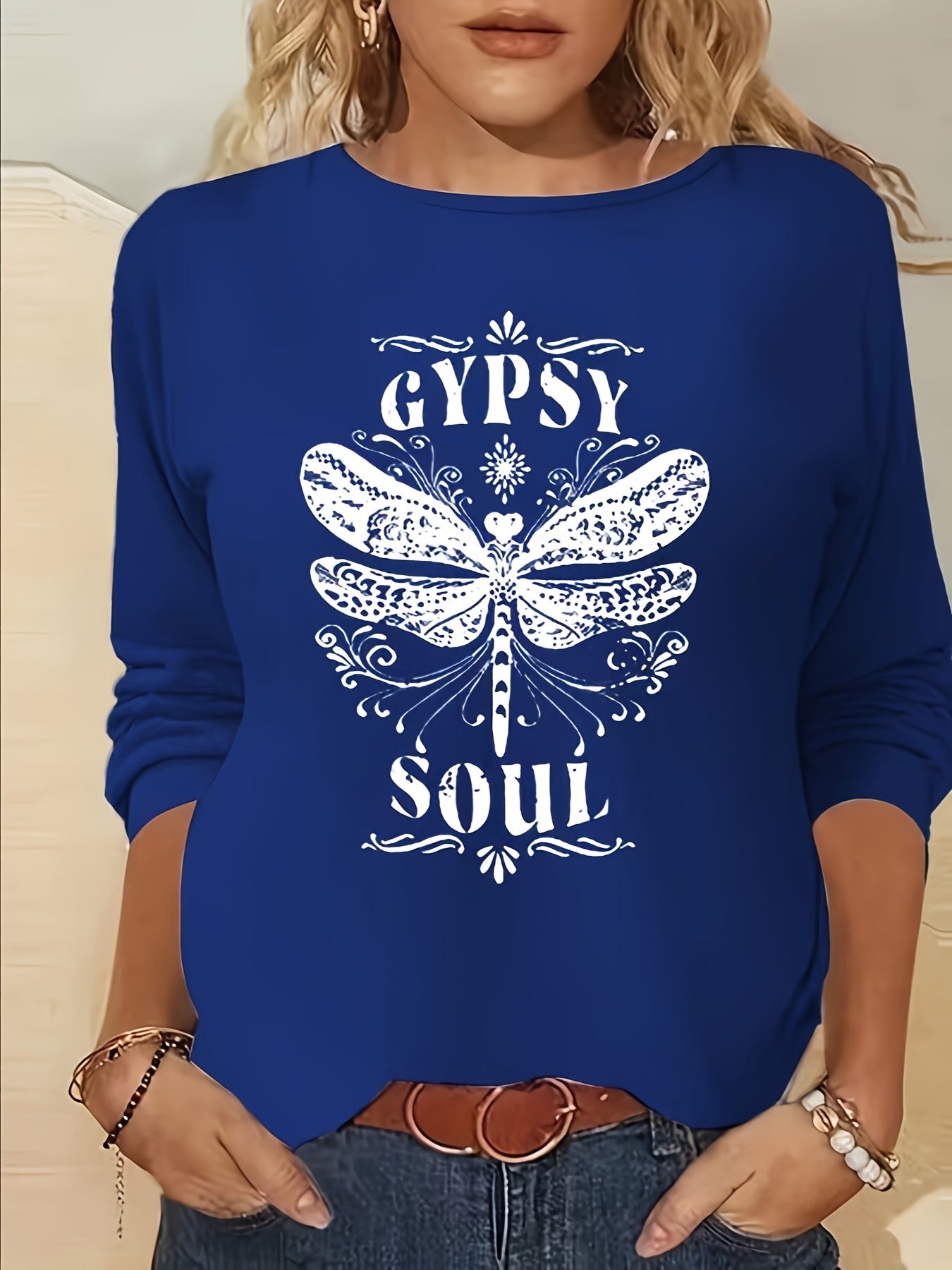 Gypsy Soul Print Long Sleeve T-Shirt, Crew Neck Casual Top