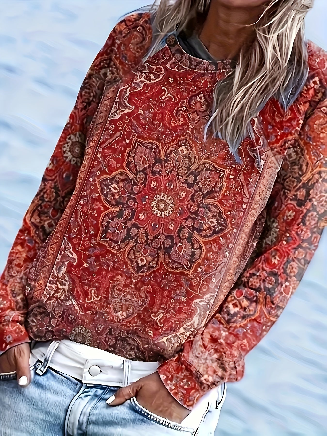 Floral Print Crew Neck T-shirt, Casual Long Sleeve Top