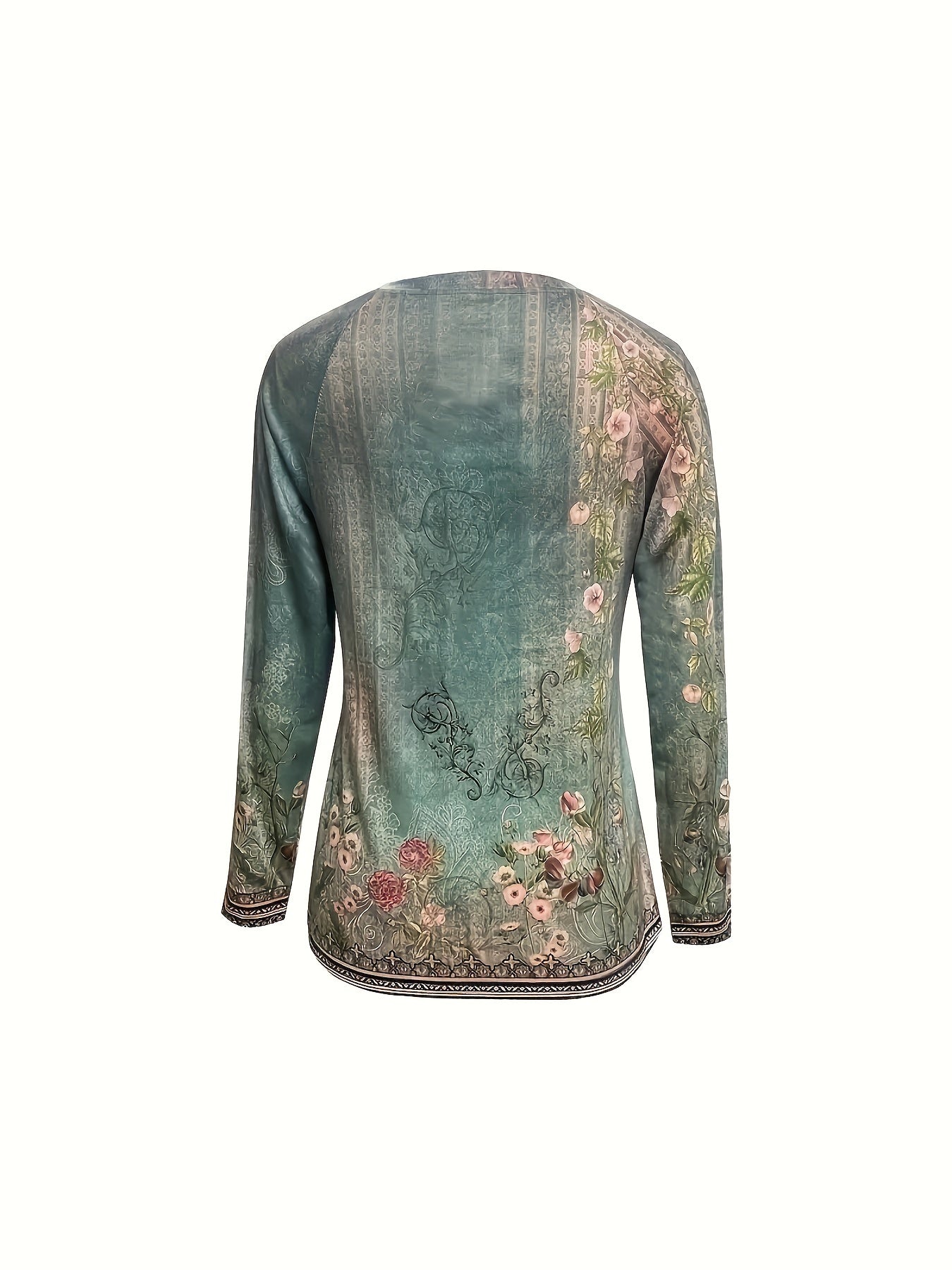 Floral Print Crew Neck T-shirt, Casual Long Sleeve Top