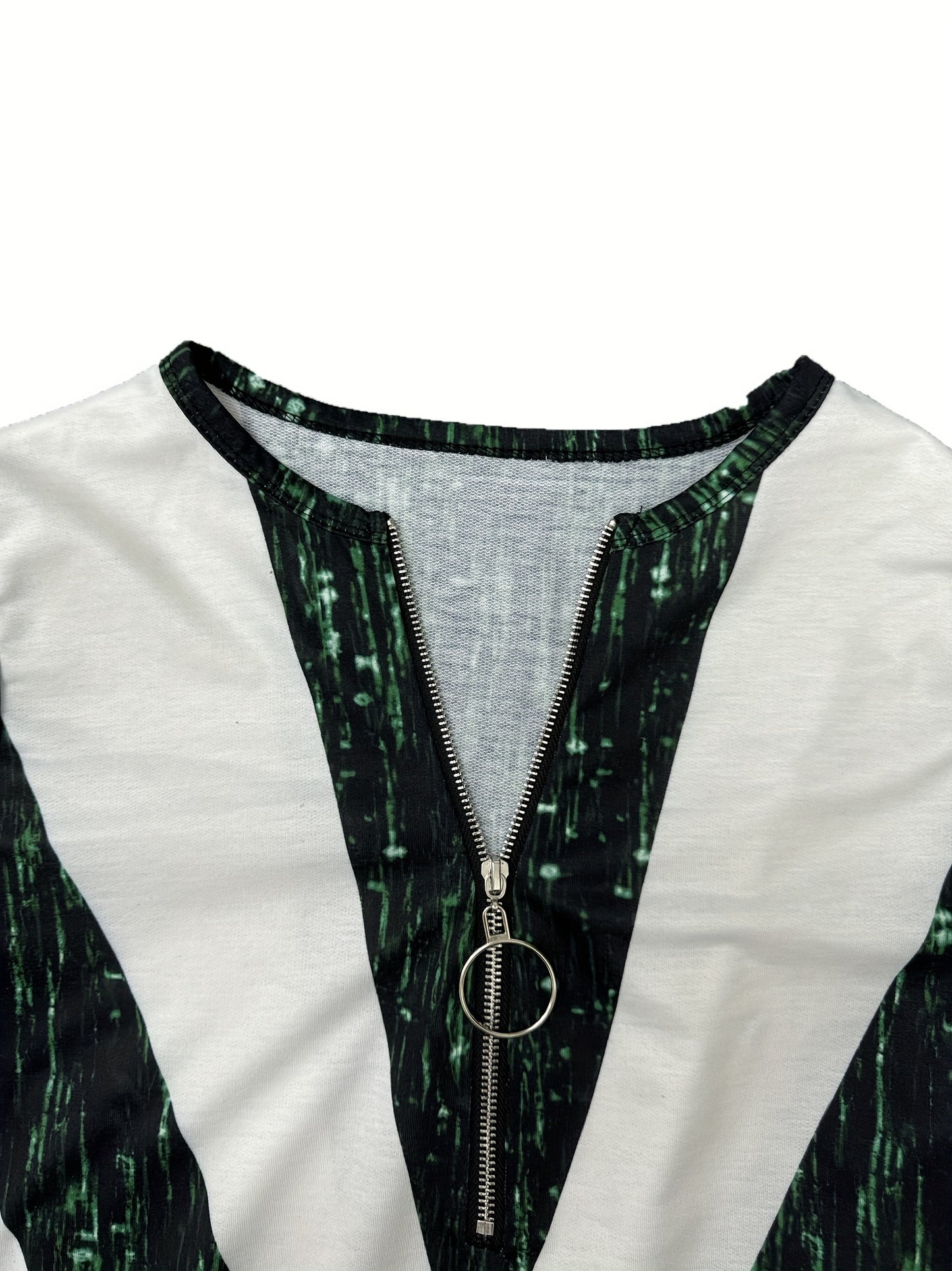Colorblock Stripe Print Zip Front T-Shirt, Casual Long Sleeve Top